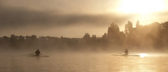 Rowing in morning mist at Rojabo sculling camp